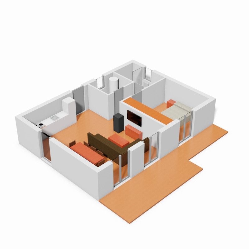 Casa de 1 dormitorio. 3D.
