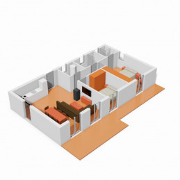 Casa de 2 dormitorios ampliada. 3D.