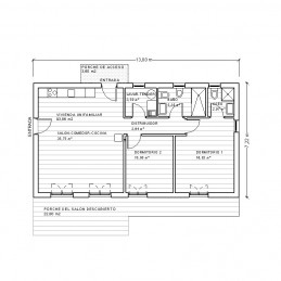 Casa de 2 dormitorios ampliada. Planta acotada.