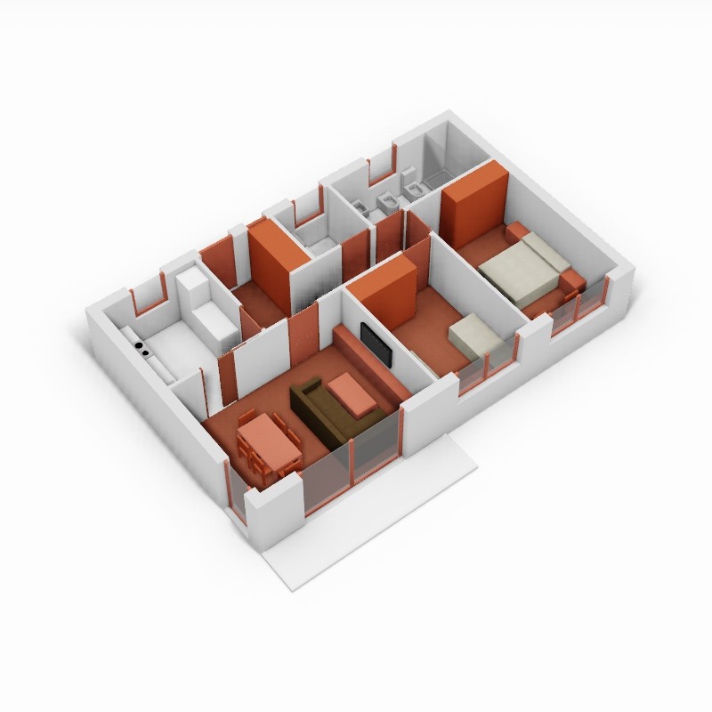 Casa de 2 dormitorios y cocina independiente. 3D.