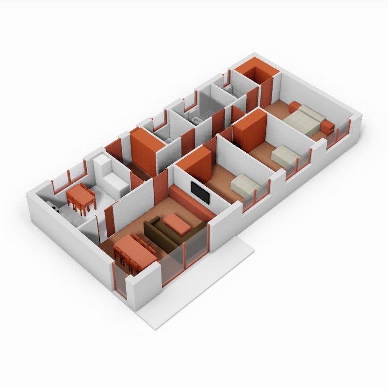 Casa de 3 dormitorios y cocina independiente. 3D.