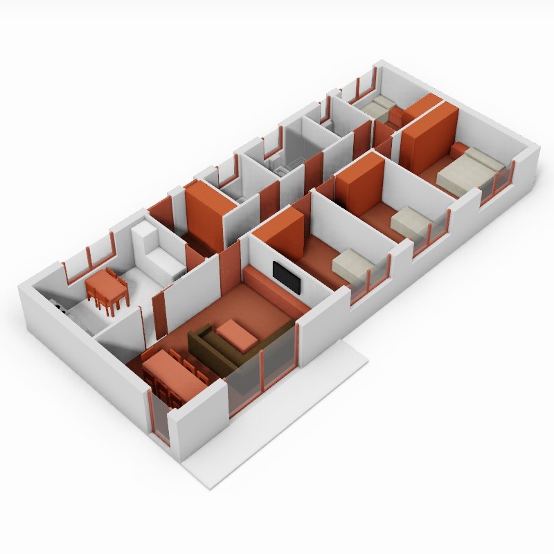Casa de 4 dormitorios y cocina independiente. 3D.